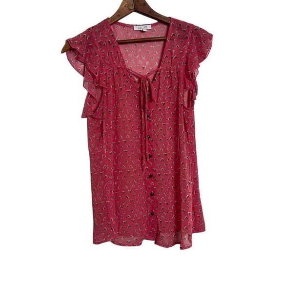Delias Heart Print Flutter Sleeve Button Front Blouse Red Size Medium - Picture 1 of 6